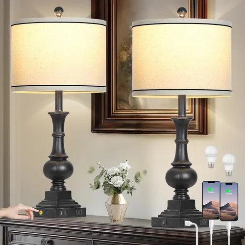 Farmhouse Table Lamps Set of 2, Vintage Bedside Lamps with USB A+C Charging Ports & AC Outlet, 26" Rustic Nightstand Lamp for Living Room Bedroom