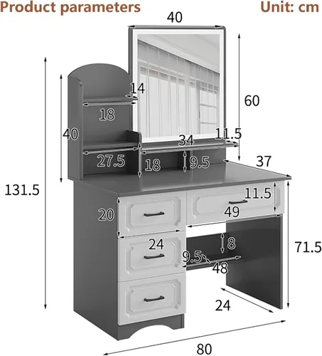 Vista 2 de Vanity Desk with Mirror and Lights,Makeup Vanity,Small Vanity Table for Bedroom,Classified Storage, Large-Capacity Desktop, Open Storage