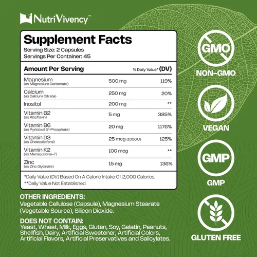Vista 2 de Cápsulas de carbonato de magnesio de 500 mg, suplemento de carbonato de magnesio con calcio, inositol, vitamina B2, B6, D3, K2, zinc para la salud