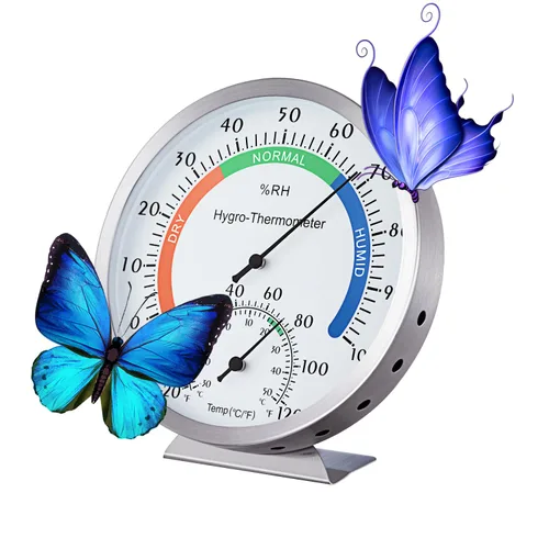 Vista 3 de Termómetro higrómetro de acero inoxidable de 5 pulgadas, esfera colorida para interiores y exteriores, termómetro higrómetro analógico, indicador