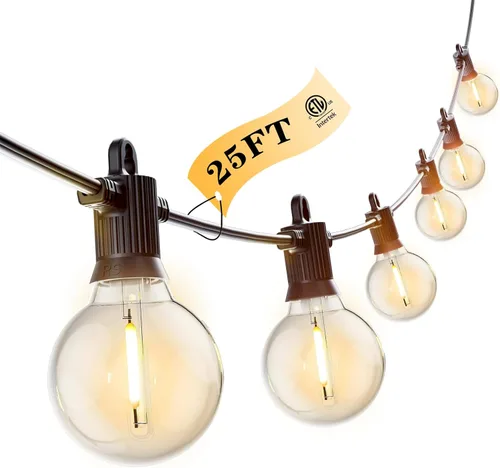 Kawaya Guirnalda de luces LED para exteriores de 25 pies para patio con 12+1 bombillas Edison inastillables – IP65 impermeable regulable luces