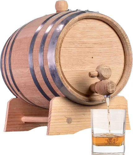 Vista 11 de Barril de envejecimiento de roble de 1 galón (Serie de destilería - aros de acero, sin barnizar) con soporte de madera, boung y espita - Barriles