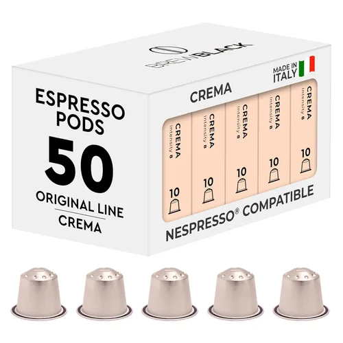 BrewBlack Cápsulas de café Crema – 50 cápsulas de café de aluminio compatibles con la línea original Nespresso, tostado medio, intensidad 8/12,