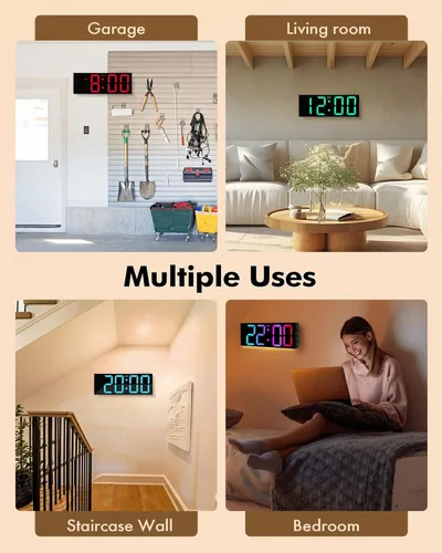 Vista 7 de Alampan Reloj de pared digital grande de 12 pulgadas con control remoto, alimentado por USB, reloj LED RGB con cable con pantalla completa, números