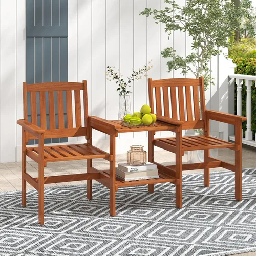 RELAX4LIFE Sofá de dos plazas para exteriores con mesa integrada, sillas de patio de madera con mesa central y agujero para paraguas, banco de