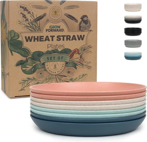 Vista 12 de Grow Forward Platos de postre de paja de trigo prémium – Juego de 8 platos de plástico duro reutilizables de 8 pulgadas – Platos irrompibles aptos