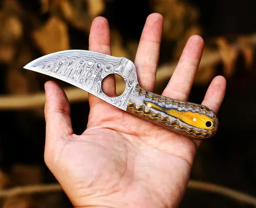 Vista 5 de Ancilla - Cuchillo de caza de Damasco hecho a mano para EDC, camping, venado, cuchillo de bolsillo mini con tanga completa, hoja fija