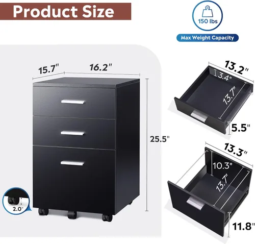 Vista 3 de DEVAISE Gabinete portátil de madera de 3 cajones, Gabinete enrollable para tamaño cartaA4, color negro