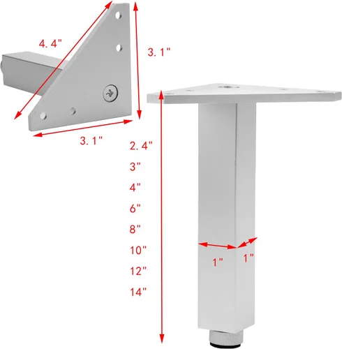 Vista 2 de Geesatis Patas de mesa ajustables resistentes de 2.4 pulgadas, juego de 4, capacidad de 1000 libras, patas de muebles de aleación de aluminio