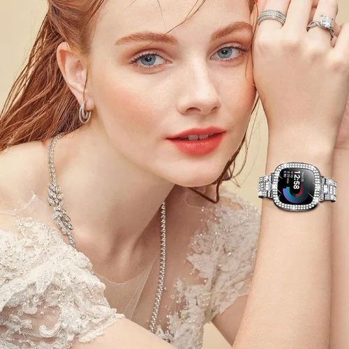 Vista 4 de Dsytom Bling Banda de Reloj Elegante Compatible con Fitbit Versa 4, Sense 2, Versa 3, Sense - Correa Linda con Funda Protectora de Rinstone