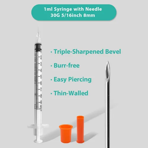 Vista 2 de Jeringas con aguja, paquete de 30 U-100 1ml 30G 5/16" (8mm) jeringas desechables, suministros de laboratorio envueltos individualmente
