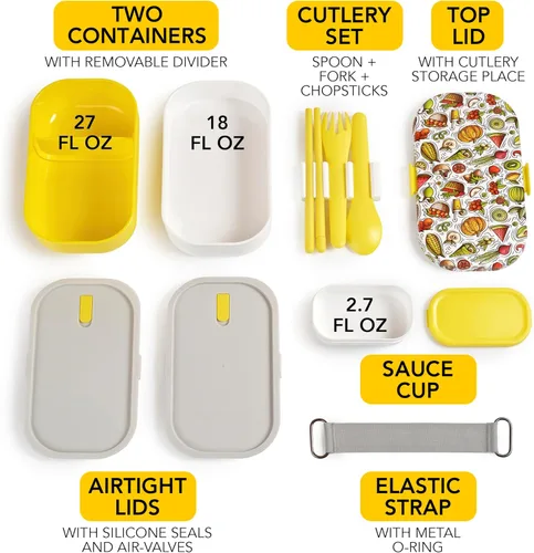 Vista 15 de Lonchera Bento apilable aislada para adultos con palillos reutilizables, lonchera japonesa apta para microondas y a prueba de fugas, para hombres