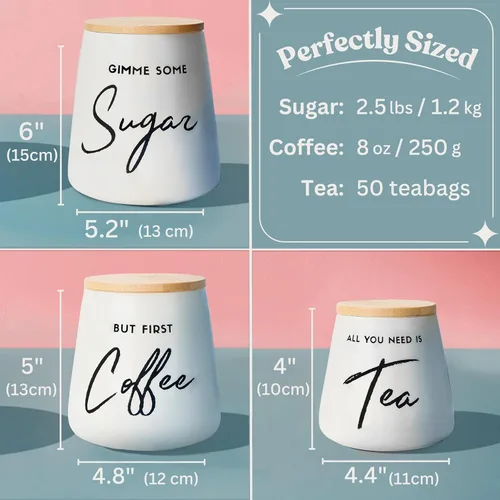 Vista 2 de Juego de recipientes de cerámica para té de café y azúcar con tapas de bambú, recipientes de cocina herméticos de 3 piezas para encimera, juego