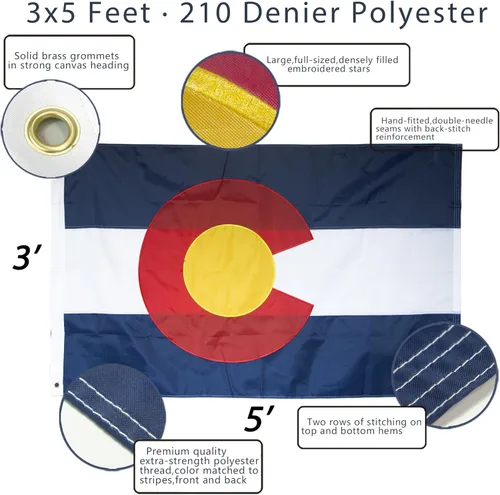 Vista 2 de Anley EverStrong Series - Bandera del estado de Colorado de 3 x 5 pies, resistente, bordado y cabecera de lona resistente, 4 filas de costuras