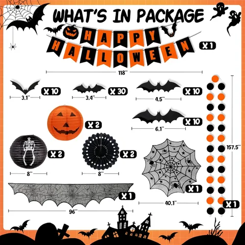 Vista 2 de DMIGHT Juego de decoraciones de Halloween para interiores, faroles de papel y abanicos, bufanda de chimenea de chimenea, alfombra de telaraña