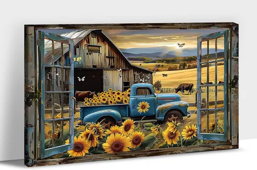 Arte de pared de camión viejo de granja, lienzo rústico de granja de campo, decoración de pared, color azul, camioneta y girasol, floral, marco de