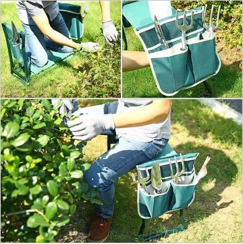 Vista 4 de Banco plegable 2-en-1 para jardín, de la marca Ohuhu, reclinatorio y asiento, incluye 2 bolsas de herramientas, para exterior, Verde