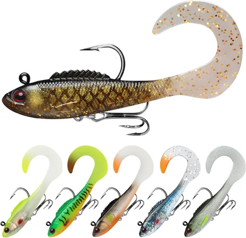 Vista 8 de TRUSCEND Shadtale Soft Fishing Lures with BKK Hooks – Easy Catch: Trembly Sinking and Vibrating Swim for More Bites, Paddle Tail Swimbait for Bass