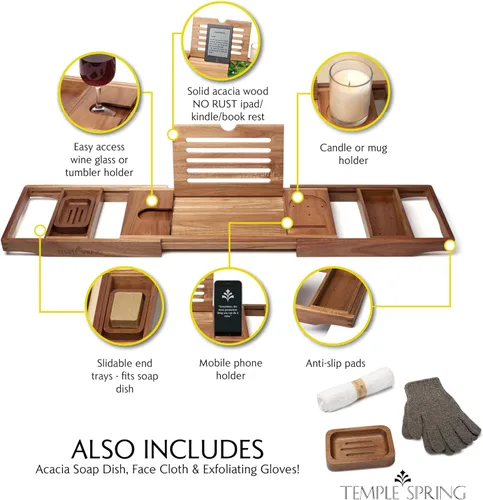 Vista 2 de Bandeja de bañera de madera Temple Spring, accesorios de baño de acacia, bandeja de baño para tina, elementos esenciales para spa en casa, tablero