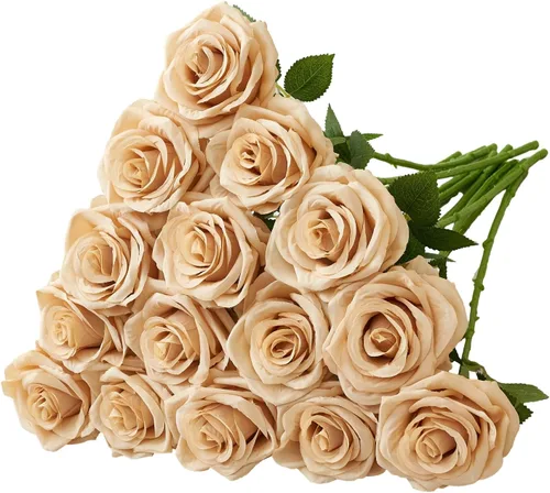 Vista 38 de Carlita's Blooms Ramo de 15 rosas artificiales de seda, flores de seda sintética, tallos largos, para arreglos de boda, centro de mesa, fiesta