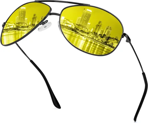 Xfeel Gafas de conducción nocturna de aviador para hombres y mujeres, polarizadas, antirreflejos, lentes amarillas, lentes de visión nocturna para