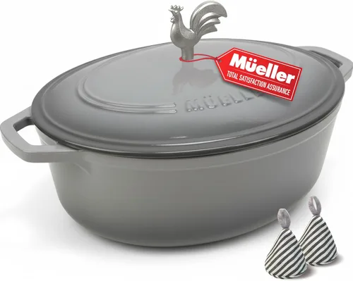 Vista 24 de MUELLER HOME Horno Holandés de Hierro Fundido Esmaltado de 4.5 QT, Cacerola de Servicio Pesado y Sartén Braseadora con Tapa y Perilla de Acero