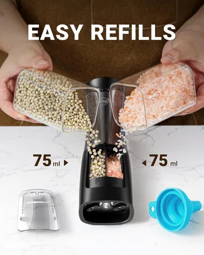 Vista 6 de Sangcon Juego de Molinillo Eléctrico de Sal y Pimienta Agitador 2 EN 1 - Molinillo Automático de Sal y Pimienta, Funcionamiento con Una Mano