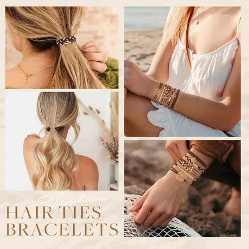 Vista 7 de SYGY 10 piezas de gomas de pelo estilo boho, pulseras para cabello grueso y fino, 5 estilos sin daños, colores café oscuro