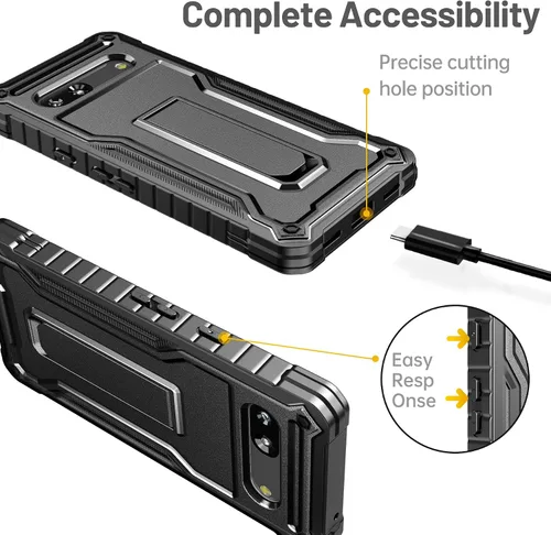 Vista 2 de FITO Funda para Google Pixel 7A, doble capa a prueba de golpes resistente con soporte incorporado, sin protector de pantalla (negro)