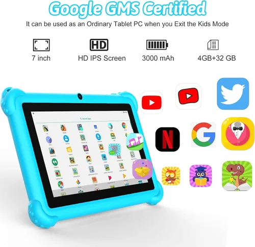 Vista 4 de Tablet infantil de 7 pulgadas para niños pequeños, Android 12, 4 GB de RAM, 32 GB de ROM, WiFi, Bluetooth, pantalla IPS de protección ocular segura