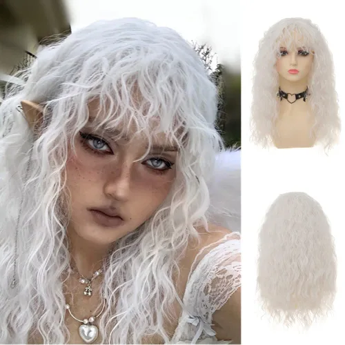 Vista 16 de Peluca rubia corta y rizada para mujer, longitud hasta el hombro, peluca de pelo ondulado con flequillo, resistente al calor, disfraz de cosplay