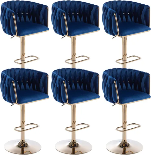 Vista 12 de Juego de 2 taburetes de bar giratorios de terciopelo, taburetes de bar de altura de mostrador con respaldo tejido, taburetes de cocina dorados