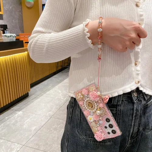 Vista 4 de iFiLOVE Funda para Samsung Galaxy S20 Plus Bling Diamond Case con correa de flores, 3D de lujo con purpurina de cristal con diamantes de imitación