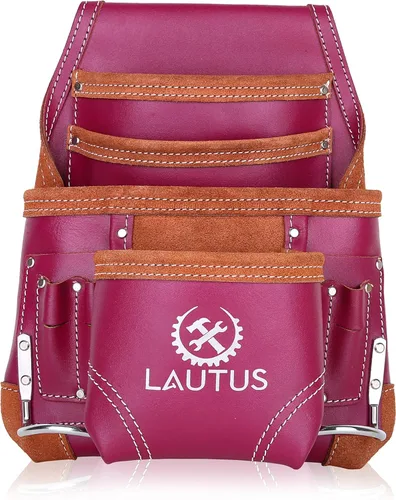 LAUTUS Bolsa de herramientas de cuero curtido al aceite | Borgoña | Carpintero, construcción, enmarcadores, manitas | 10 bolsillos, 2 soportes para