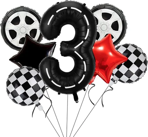 Vista 8 de Globos decorativos de cumpleaños de auto de carreras, globo negro número 0 de 40 pulgadas, globo grande de Mylar negro 0 para 10º cumpleaños