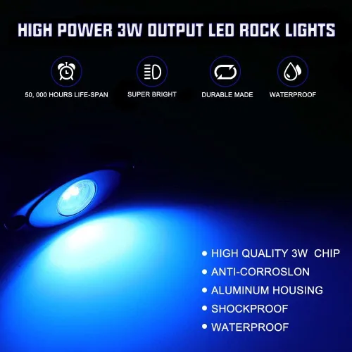 Vista 4 de SUNPIE 8 cápsulas de luces de roca de conexión rápida azul, cables de extensión de 4M para cada luz, 3 chips de alta potencia, almohadillas