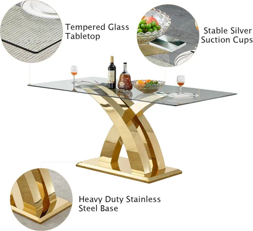Vista 21 de Mesa de comedor de vidrio de 70 pulgadas para 4-8 personas, parte superior de vidrio templado y base de acero inoxidable en U dorada, escritorio