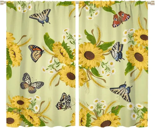 Vista 26 de Cortinas opacas de girasol, diseño natural, de granja, floral, con bolsillo para barra, para ventana, para dormitorio, sala de estar, 42 x 45
