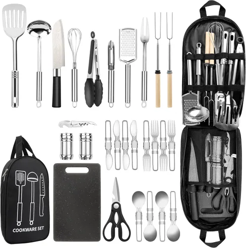 Vista 8 de Juego de utensilios de cocina para acampar, herramientas de parrilla de acero inoxidable, equipo y accesorios de utensilios de cocina para barbacoa