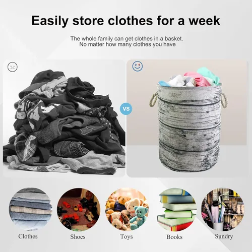 Vista 4 de Mziart Cesta de lavandería grande única con asas de cuerda, plegable de grano de madera, impermeable, elegante cesta de almacenamiento