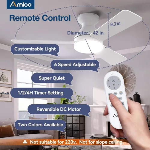 Vista 2 de Ventiladores de techo Amico con luces, ventilador de techo de 42 pulgadas de perfil bajo con luz y control remoto, montaje empotrado, reversible