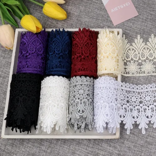 Vista 3 de Cinta de encaje beige de 5 yardas de ancho, borde bordado, para costura, manualidades, boda, apliques, decoración del hogar