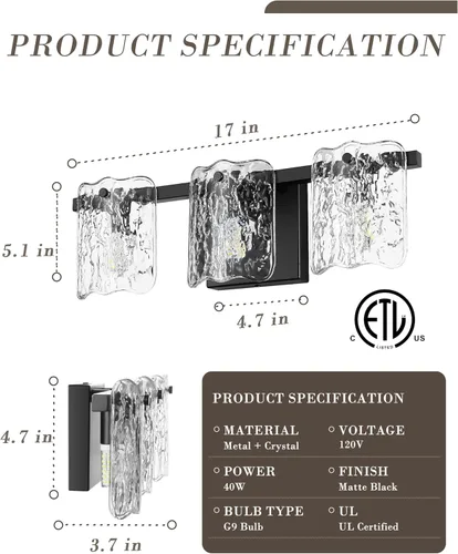 Vista 7 de OS-MM5002-3BK - Lámpara de tocador de baño de 3 luces, lámpara de baño negra sobre espejo con vidrio transparente, lámpara moderna de pared de baño