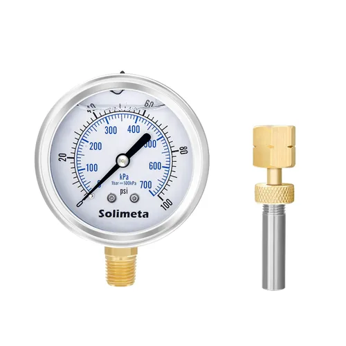 Solimeta Tamaño del dial de 2-1/2", medidor de presión lleno de aceite, manómetro de presión de 100psi, montaje inferior NPT de 1/4", con tapón de
