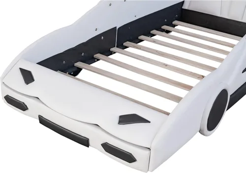 Vista 168 de Cama de plataforma en forma de auto de carreras de tamaño individual con ruedas, marco de cama de plataforma de madera con dos asientos y soporte