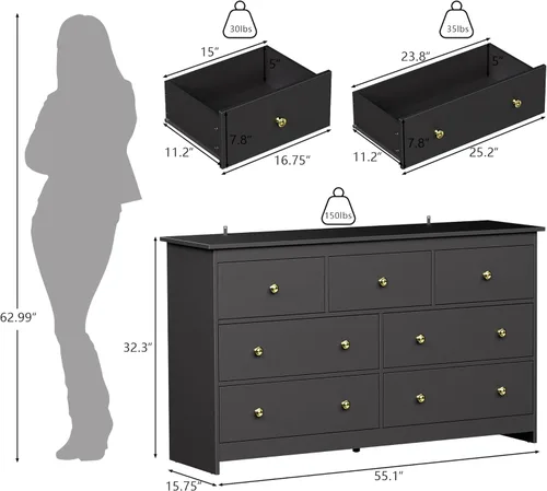 Vista 2 de Cómoda negra de 7 cajones para dormitorio, cómoda de madera de 55 pulgadas de ancho con asas doradas, organizador moderno y grande para sala