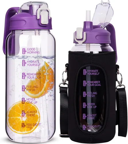 Vista 9 de 64 oz Motivational Glass Water Bottle with Straw & Time Marker Half Gallon Large Reusable Water Jug BPA-free Borosilicate Drinking Bottle with Flip