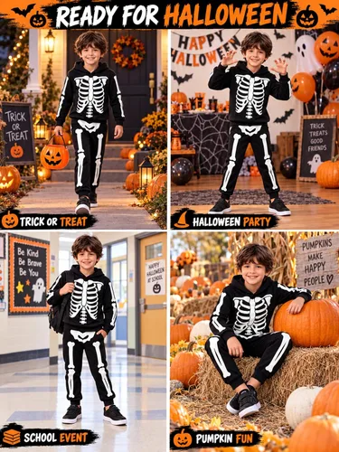 Vista 7 de uideazone Boys Halloween Skeleton Hoodie Pants Set Glow in the Dark 5-12Y