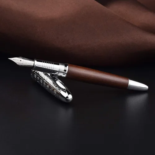Vista 8 de Hongdian 6016 Pluma estilográfica de madera natural, pluma de escritura de punta media iridio con estuche de metal