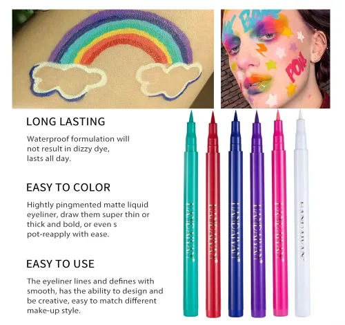 Vista 6 de Cevioce Liquid Eyeliner,6 Highly Pigment Colored Eye Makeup Matte Eyeliners,Long-lasting Smudge-proof White Eyeliner Pencil,Makeup for Kids Girls